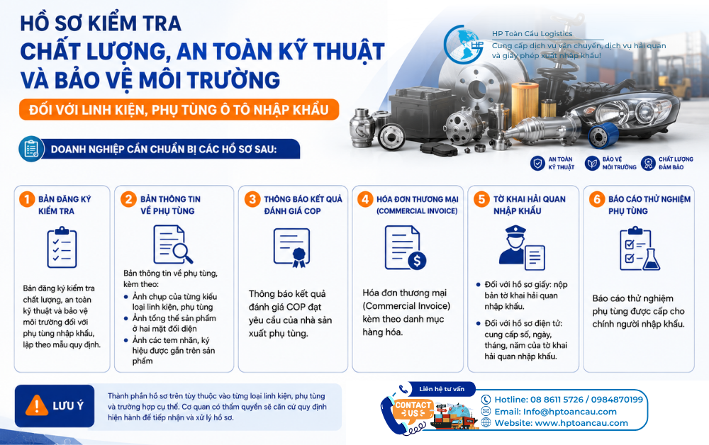 Hồ sơ kiểm tra chất lượng an toàn kỹ thuật và bảo vệ môi trường đối với linh kiện phụ tùng ô tô nhập khẩu