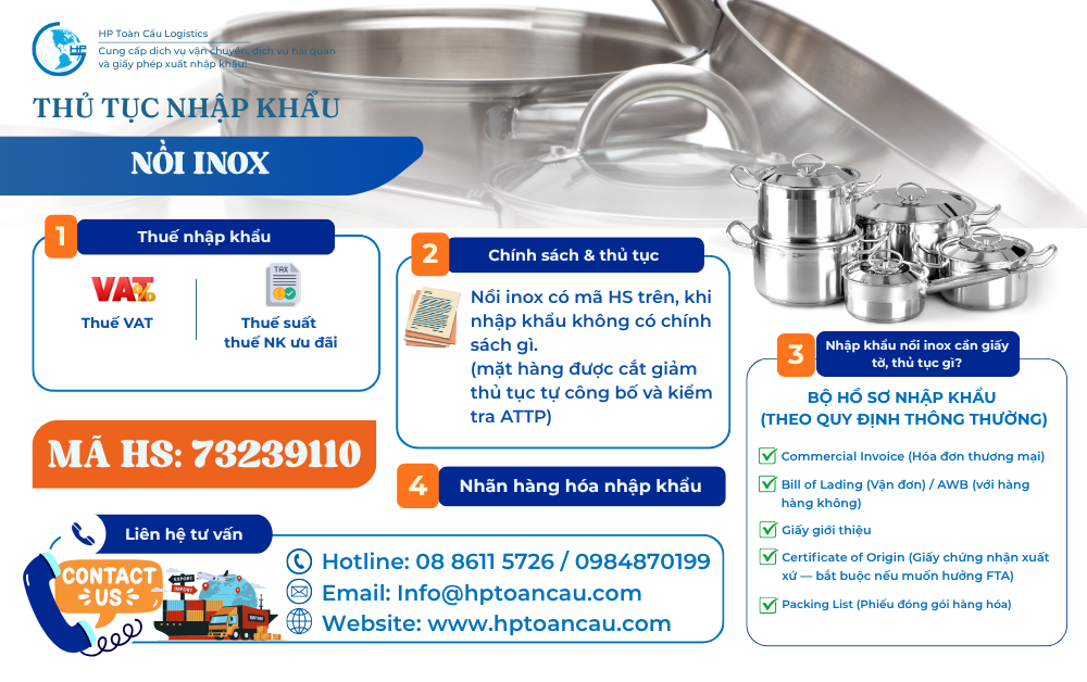 Thủ tục và thuế nhập khẩu nồi inox vào Việt Nam
